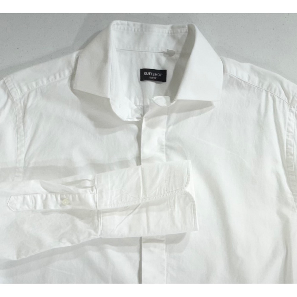 SuitShop Dress Shirt Medium Slim Fit Spread Collar White French Cuffs READ